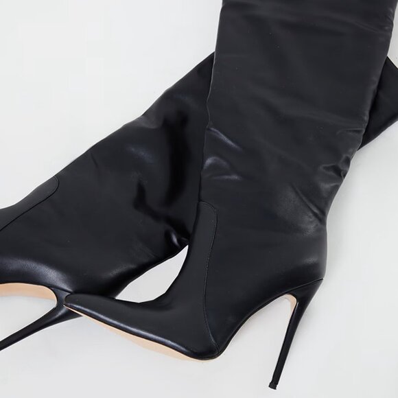 Pretty Little Thing Black Matte PU Calf Stiletto Heeled Boots NIB Size 8 - Picture 2 of 4